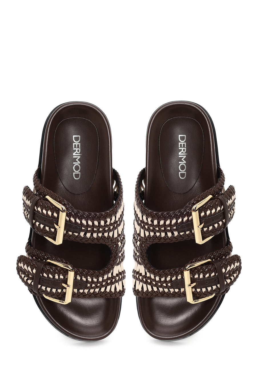Woman Brown Double Buckle Braided Slippers