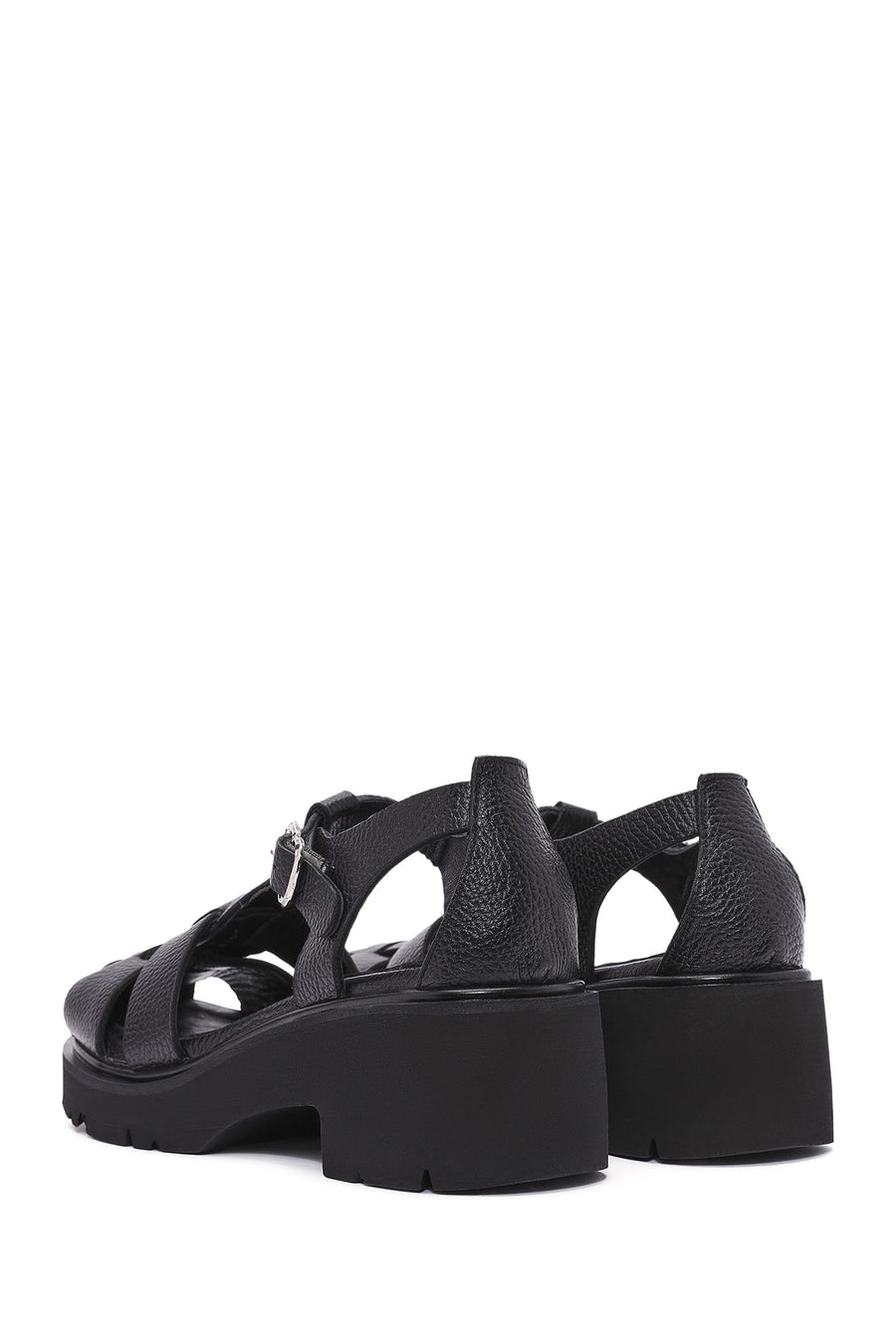 Women's Black Ankle Strap Thick Heel Leather Sandals
