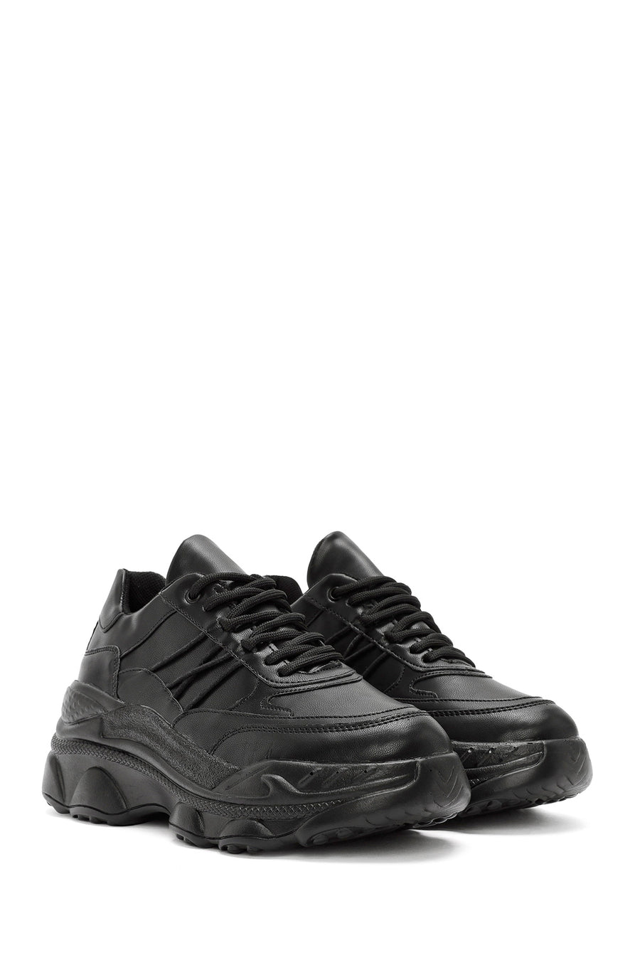 Women's Black Lace-Up Thick Soled Sneaker