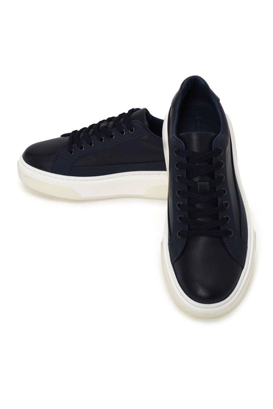 Male Navy Blue Lace-Up Thick-Soled Leather Sneaker