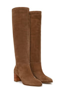 Woman Beige Chunky-Heeled Suede Boots | Derimod