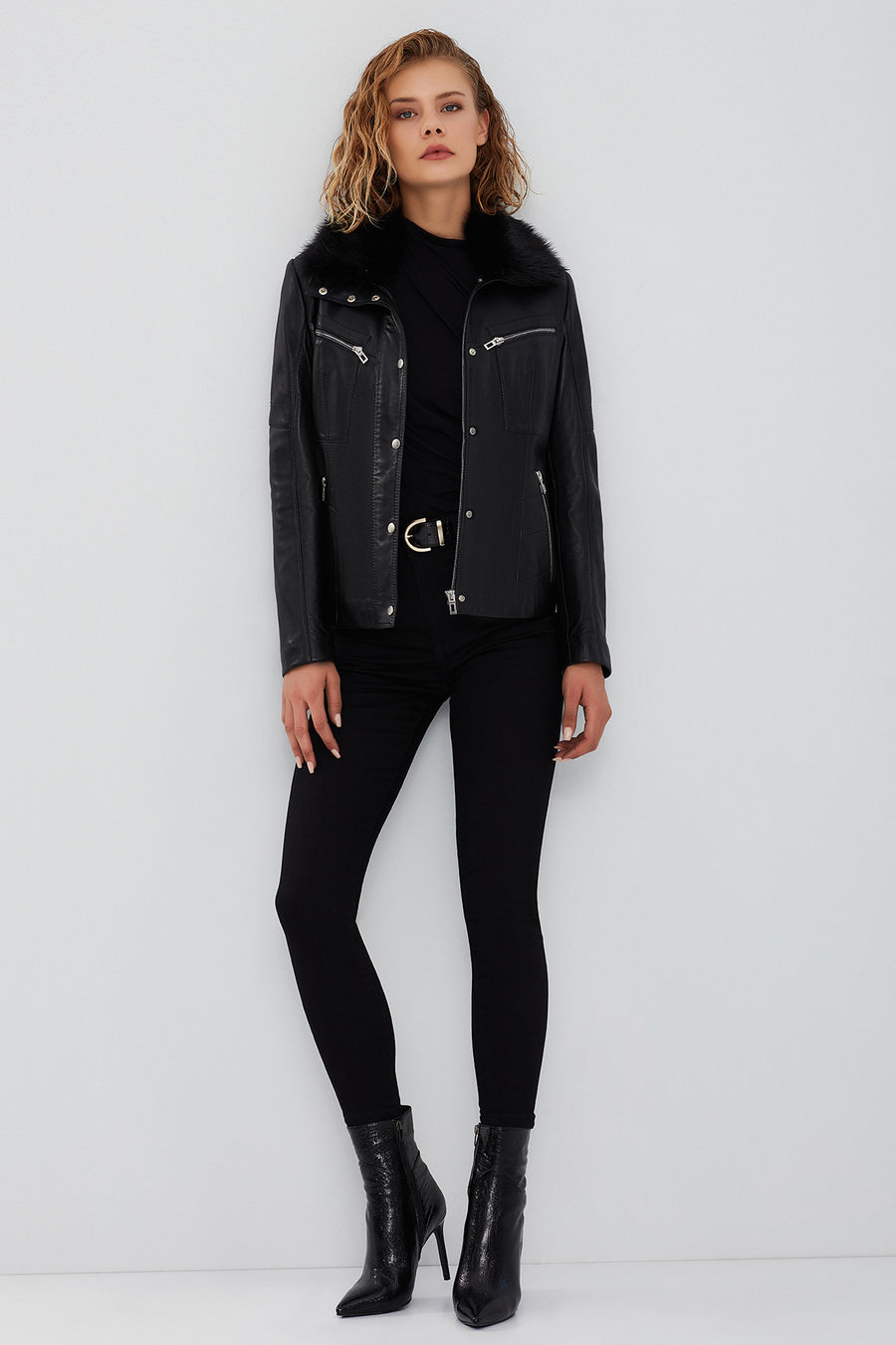 Vivien Women's Black Fur Collar Leather Jacket