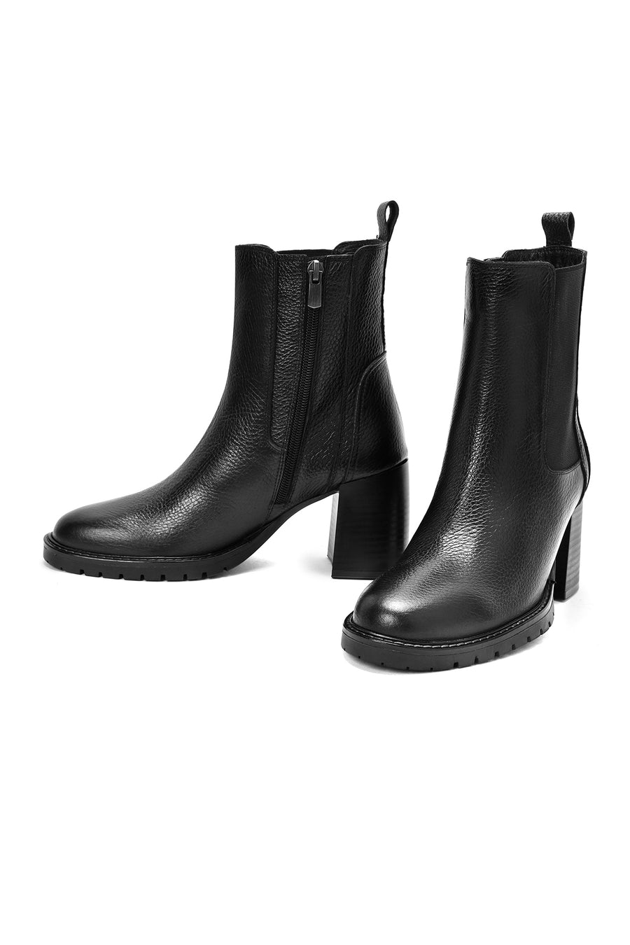 Women's Black Thick Heeled Leather Chelsea Boots