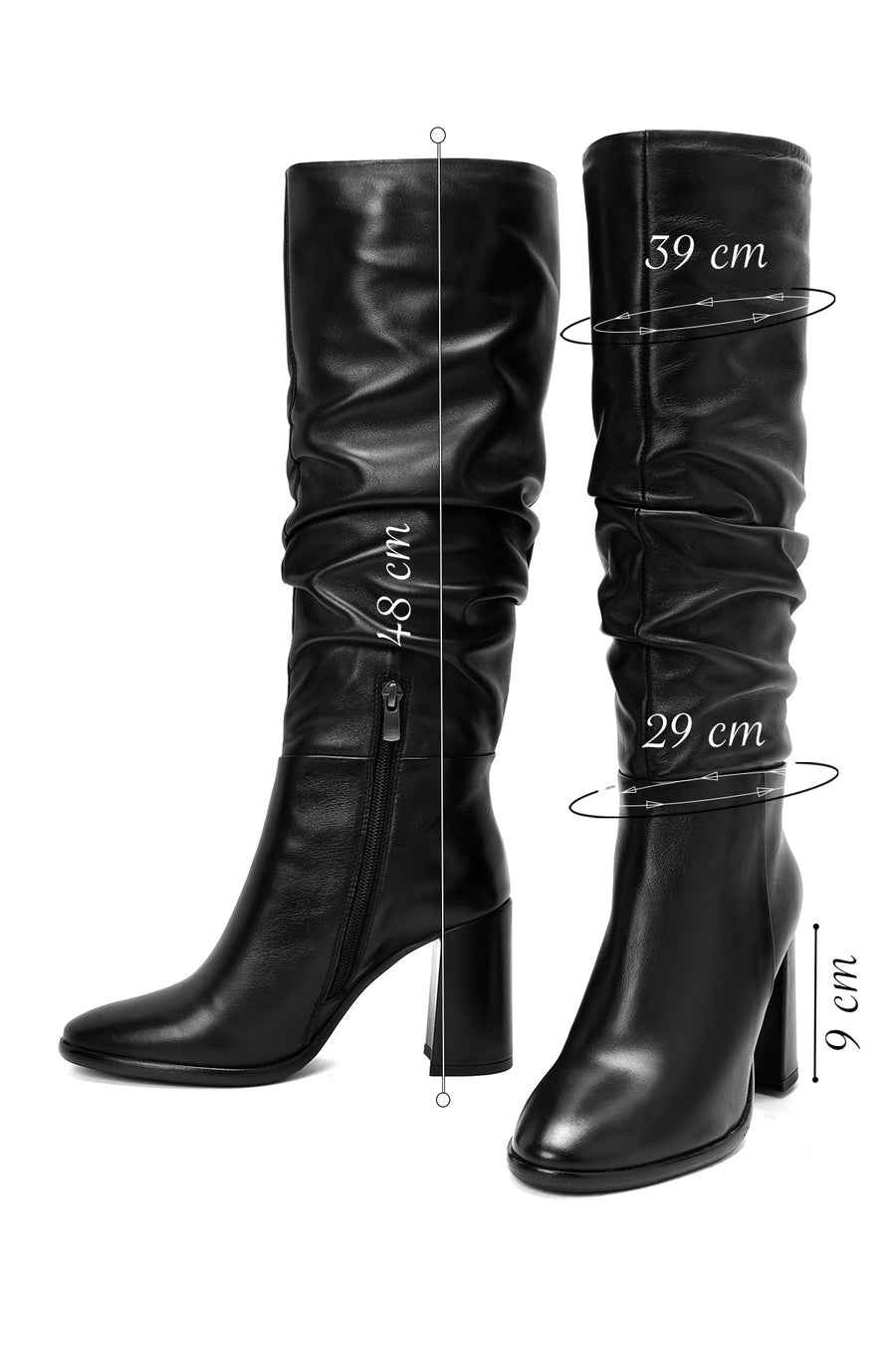 Women's Black Zippered Thick Heel Leather Boots