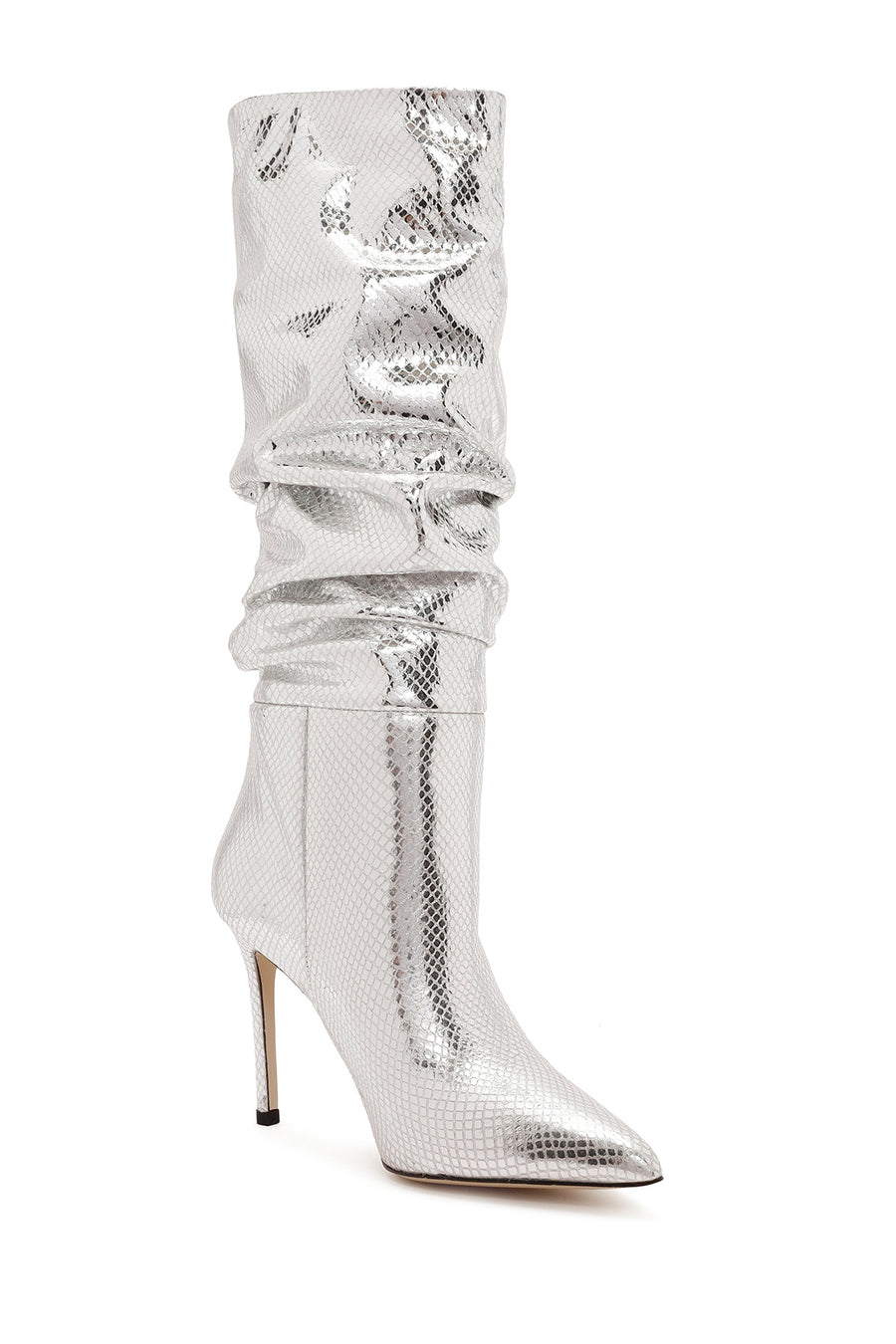 Women's Grey Thin Heel Metallic Leather Boots