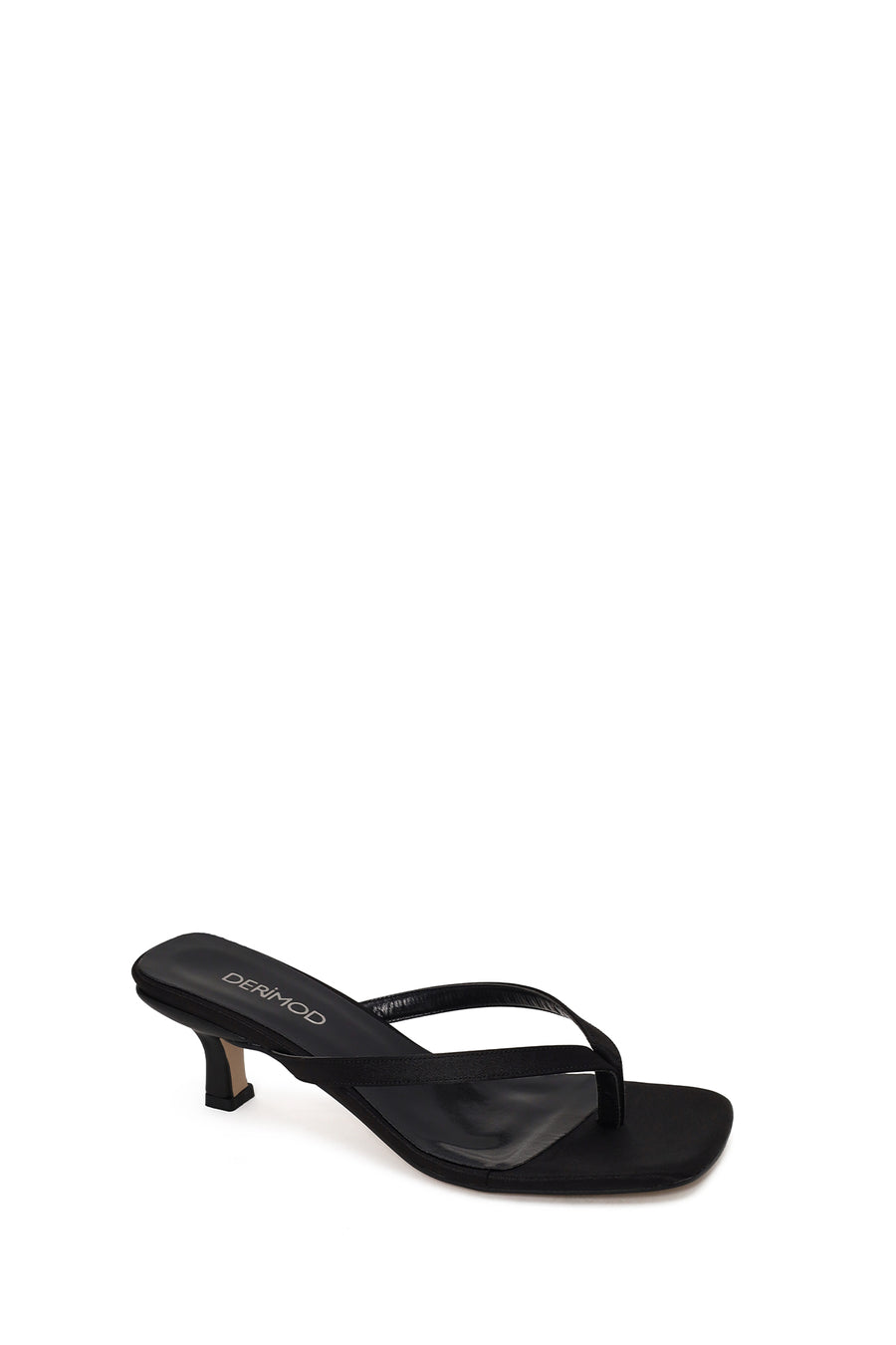 Woman Black Short-Heeled Satin Toe-Post Slipper
