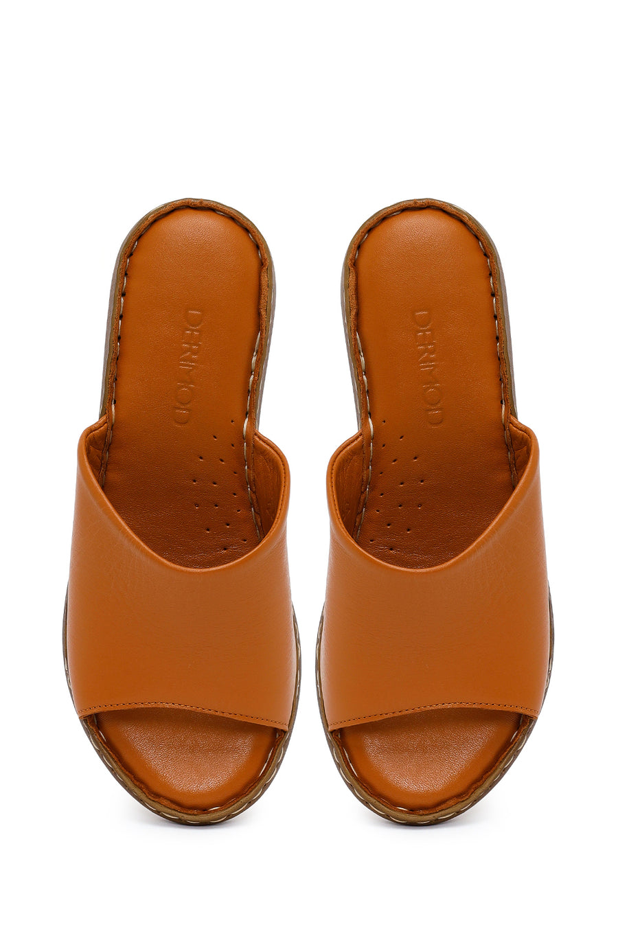 Woman Tan Wedge Heel Leather Comfort Slipper