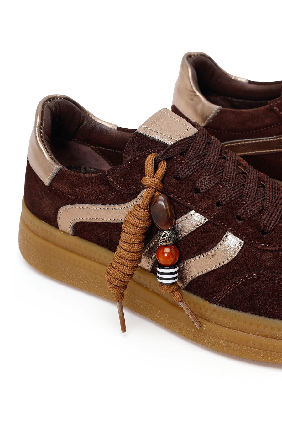 Woman Brown Lace-Up Charm Suede Leather Sneaker