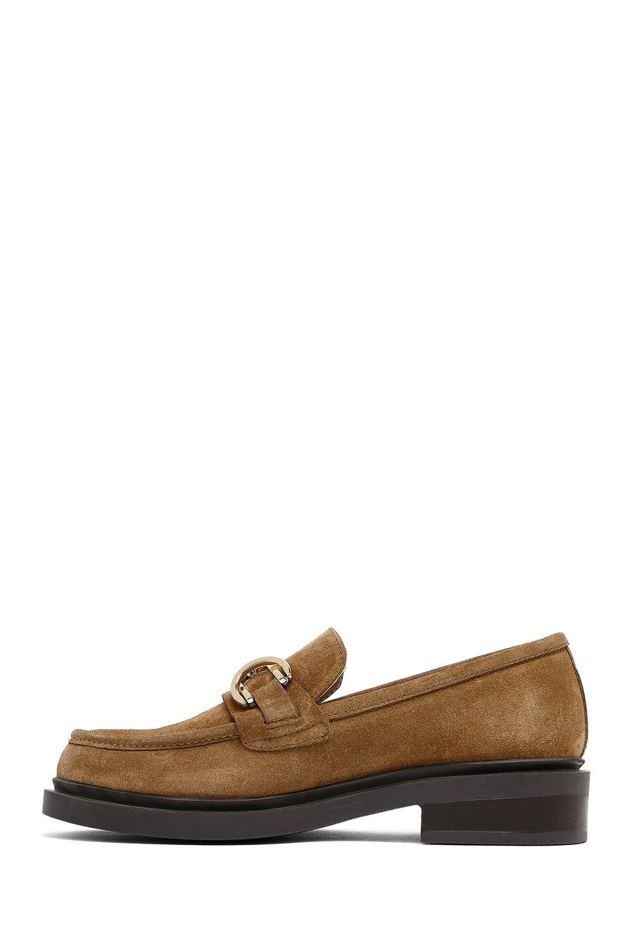 Woman Tan Buckled Suede Leather Masculine Loafer