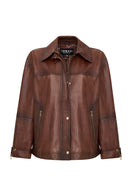 Britney Women's Brown Shirt Collar Oversize Leather Jacket | Derimod
