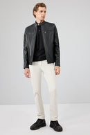 Patrick Men's Black Judge Collar Leather Jacket | Derimod