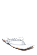 Women's White Leather Knitted Detailed Flip Flops | Derimod