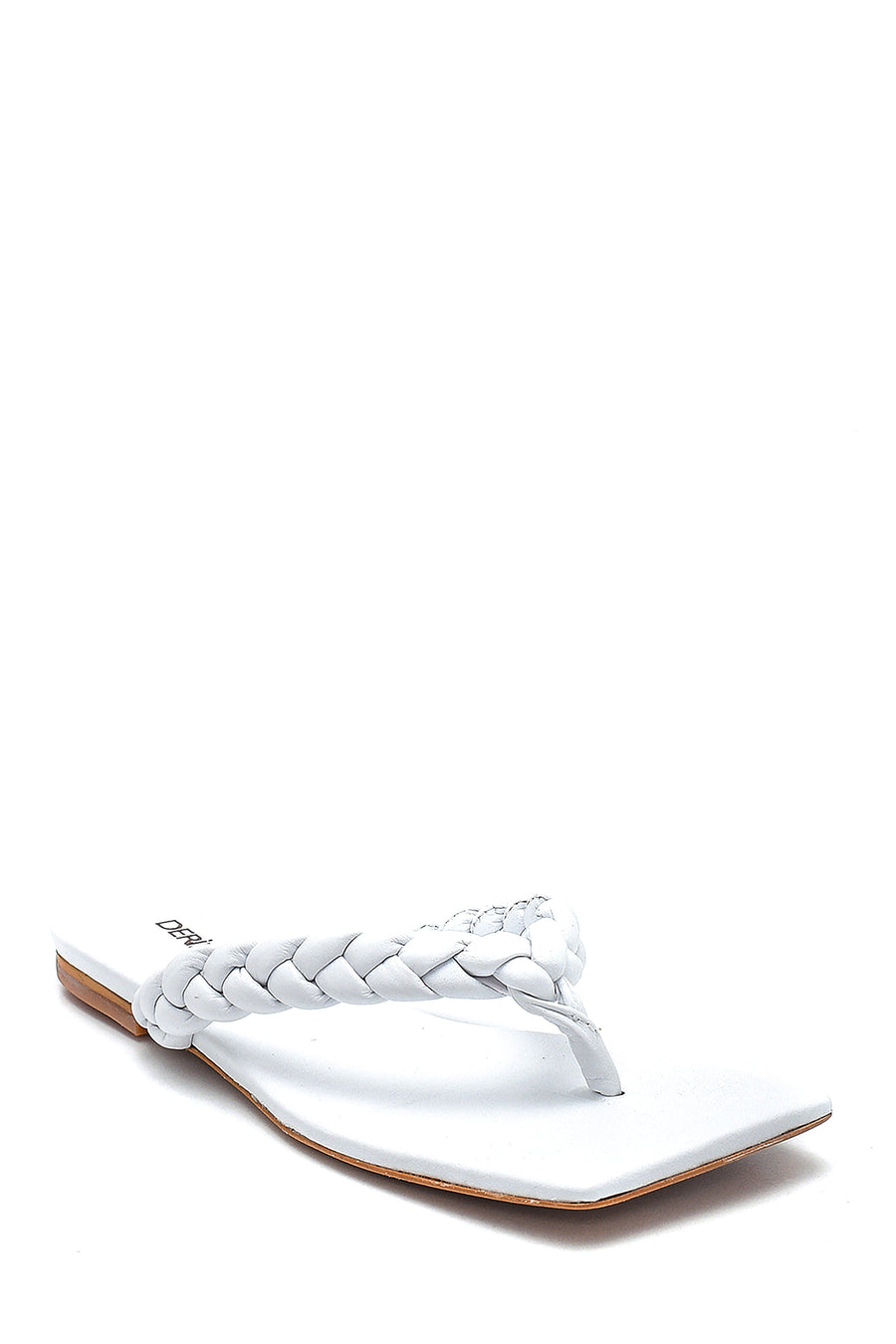 Women's White Leather Knitted Detailed Flip Flops
