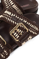 Woman Brown Double Buckle Braided Slippers | Derimod