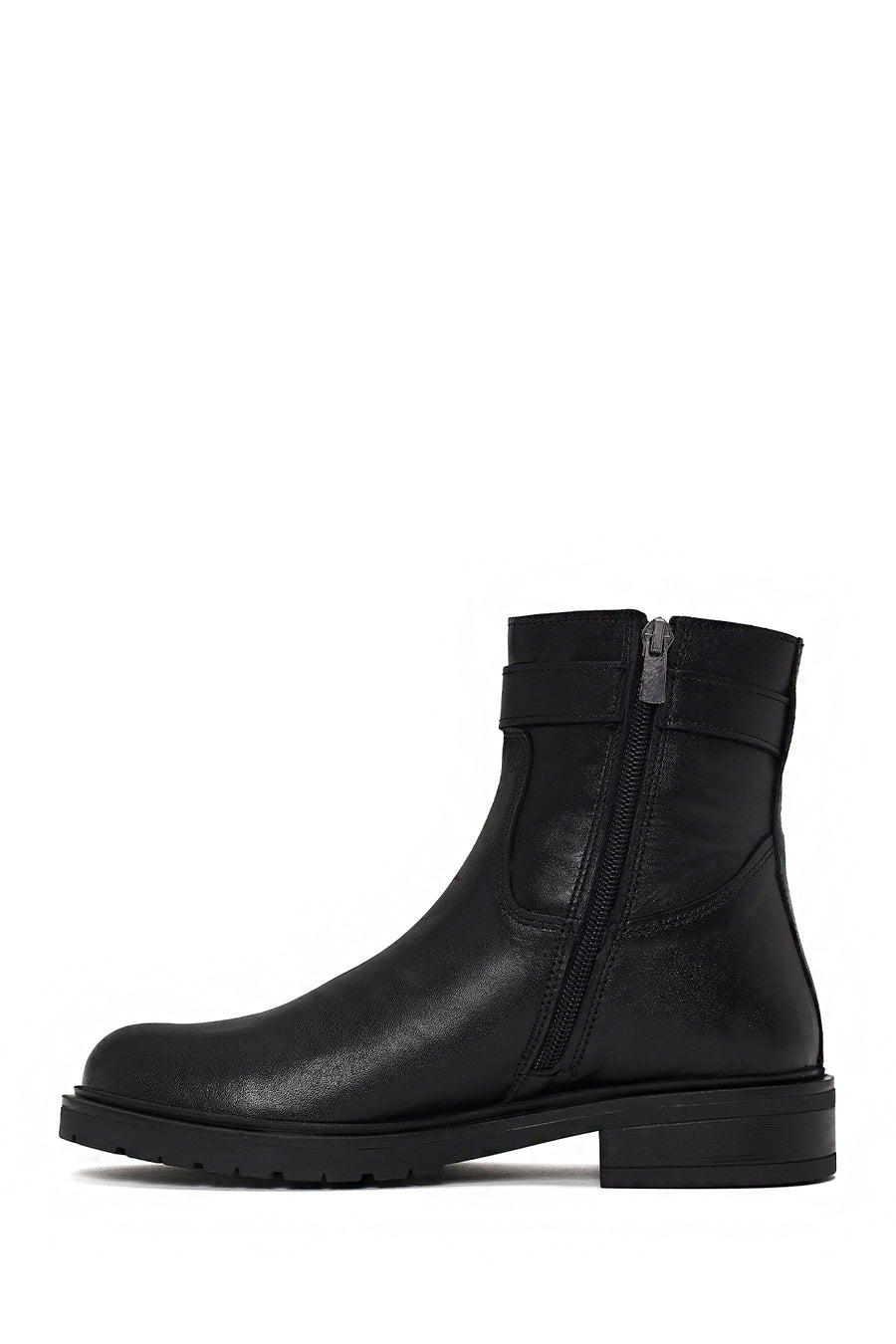 Woman Black Buckled Zip Closure Leather Casual Boots