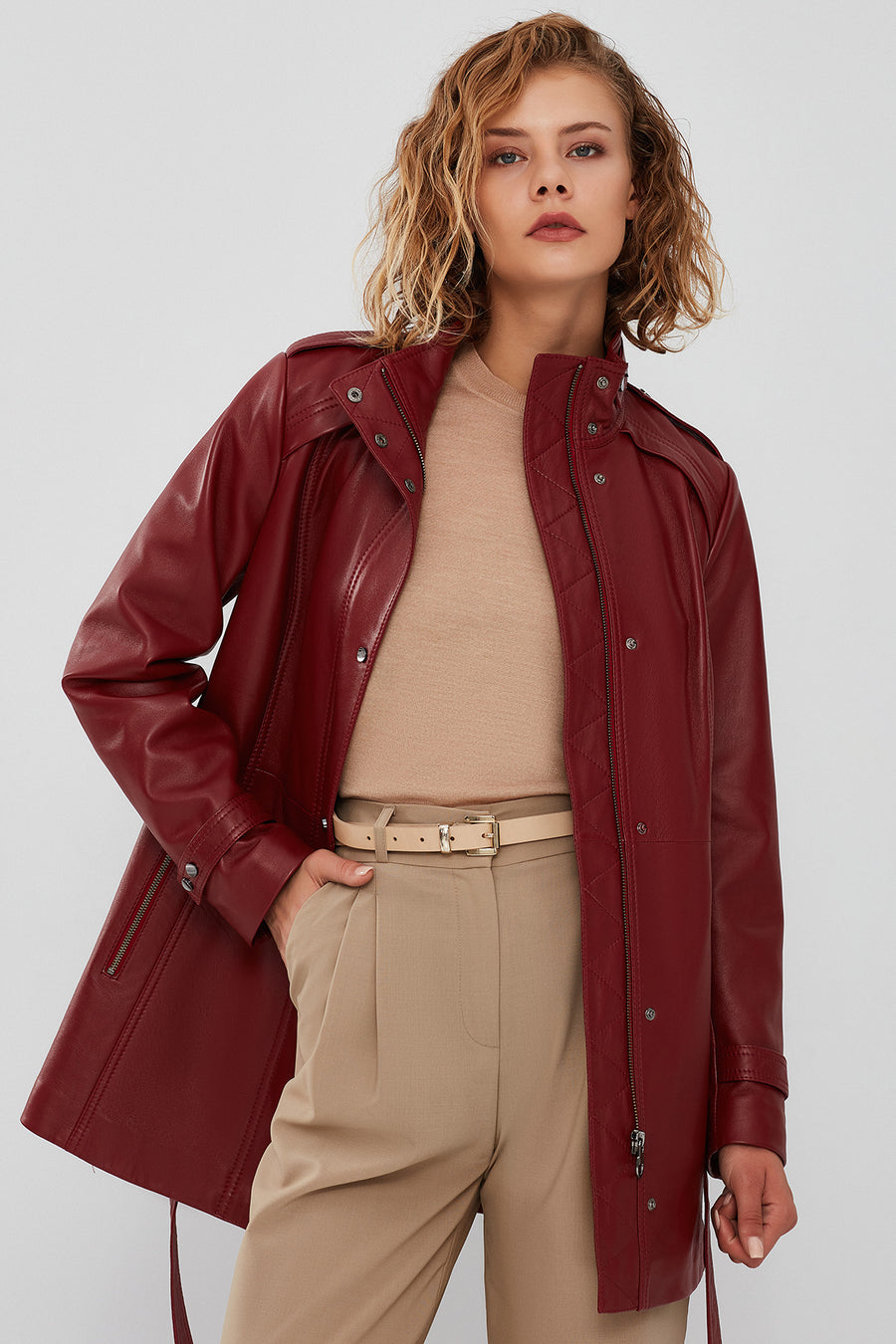 Whitney Women's Burgundy Long Leather Jacket 23WGD5142U6 | Derimod