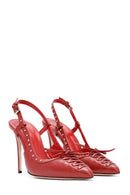 Women's Red Slingback High Thin Heel Leather Shoes | Derimod