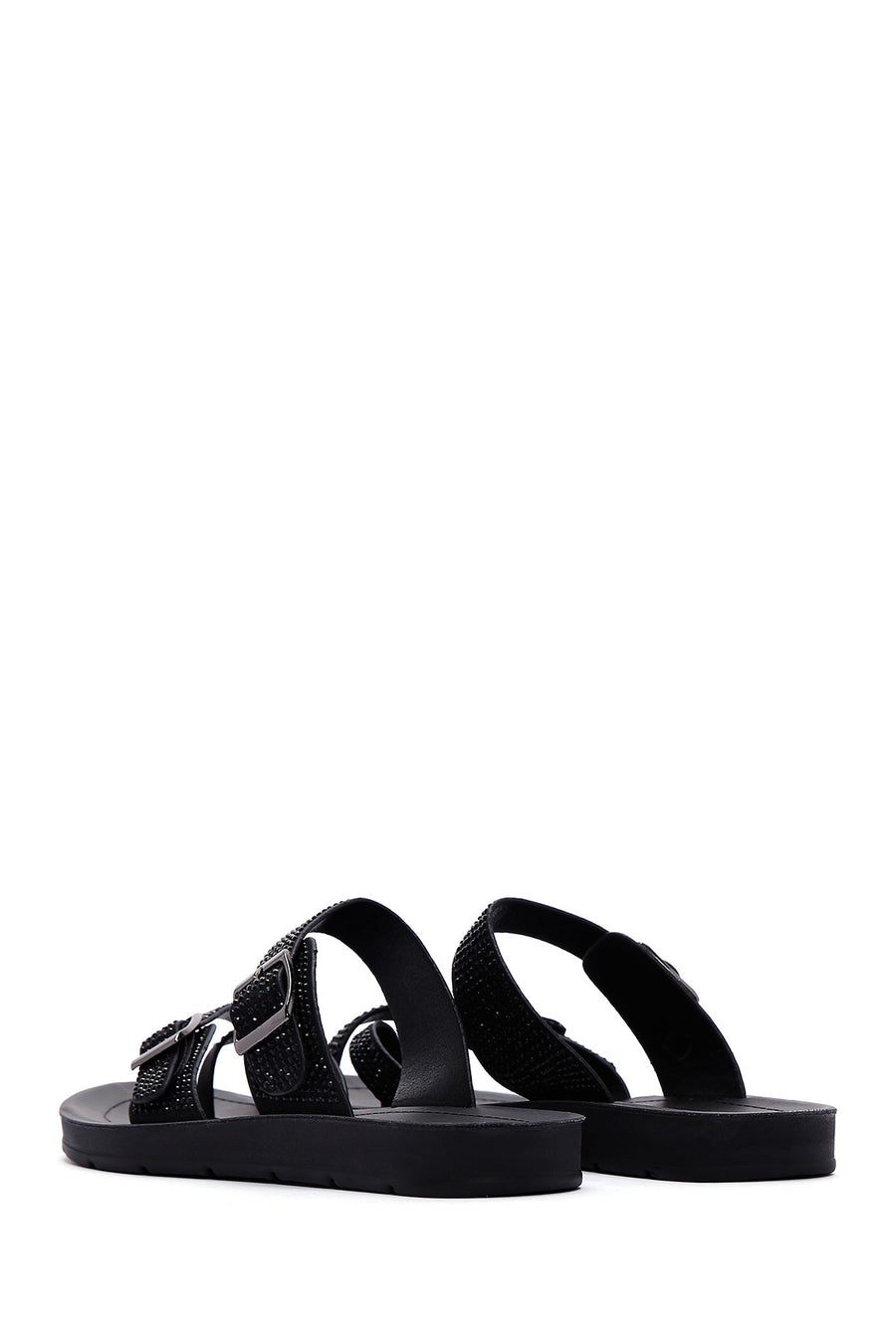 Women's Black Double Buckled Stoned Slippers