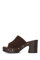 Women's Brown Thick Heeled Suede Leather Slippers | Derimod