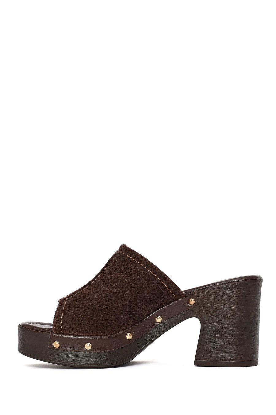 Women's Brown Thick Heeled Suede Leather Slippers
