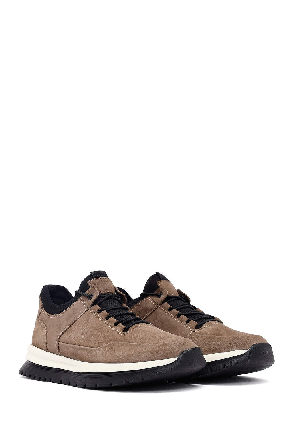 Erkek Vizon Bağcıklı Kalın Tabanlı Nubuk Deri Casual Sneaker