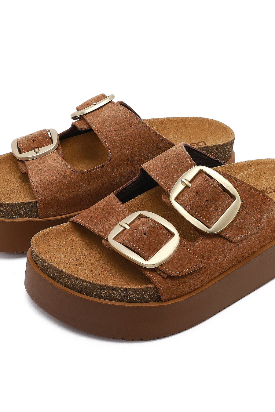 Women's Tan Double Buckle Thick Sole Suede Leather Slippers