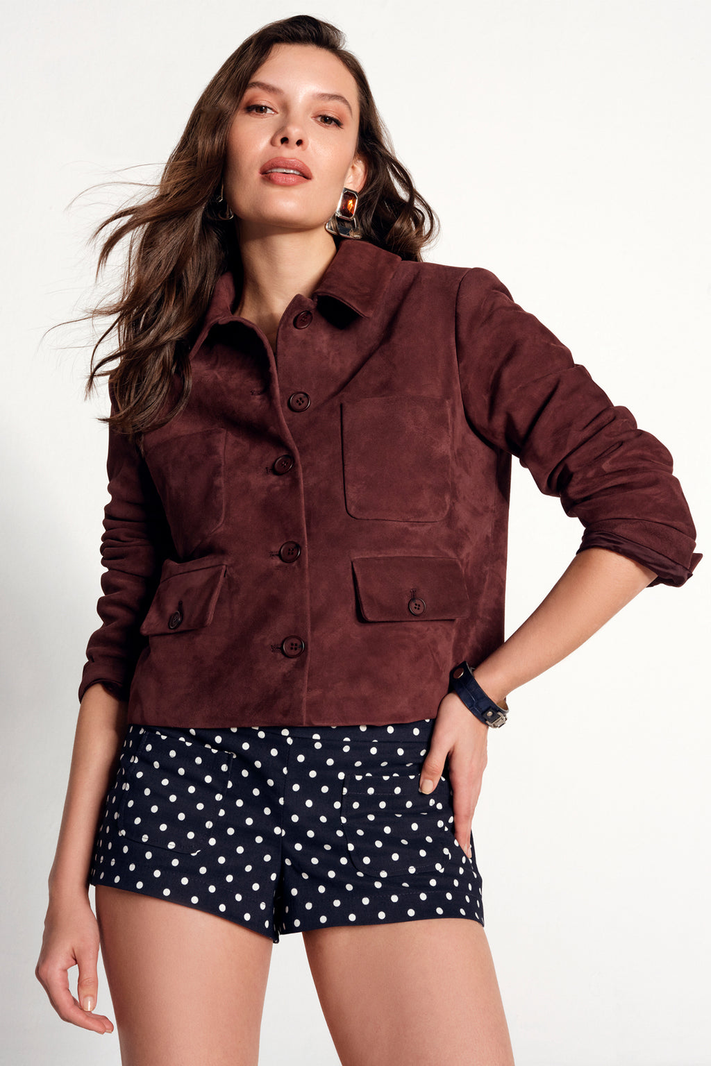Cassandra Kadın Bordo Slim-Fit Süet Deri Ceket