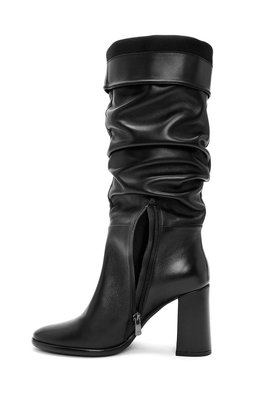 Women's Black Zippered Thick Heel Leather Boots