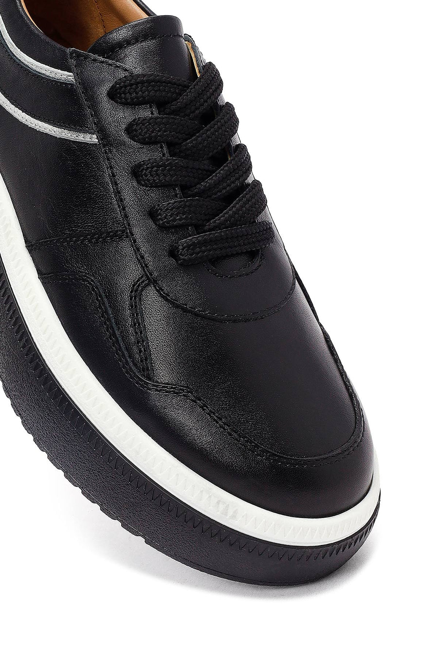 Women's Black Lace-Up Thick-Soled Leather Sneaker