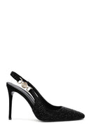 Women's Black Stoned Slingback Heeled Leather Shoes | Derimod