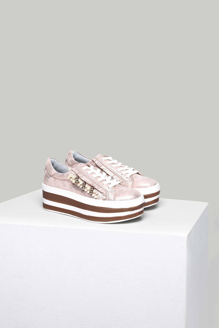 Pink-Gold High-Sole Women's Leather Sneaker