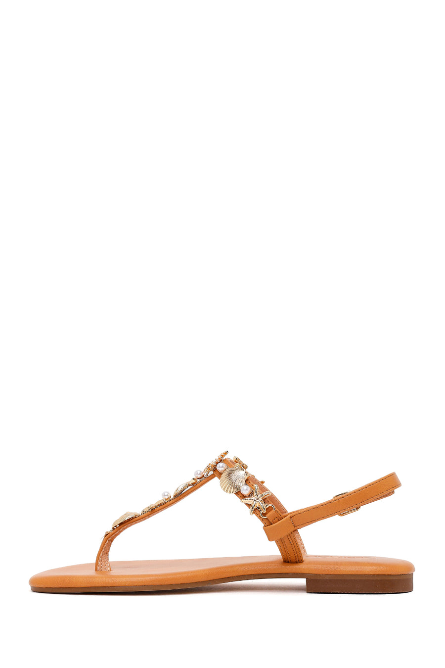 Woman Tan Ankle-Buckle Toe-Post Embellished Sandal