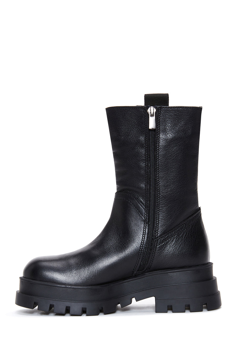 Women's Black Leather Zippered Thick Soled Boots