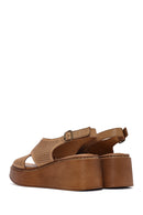 Women's Tan Ankle Strap Printed Wedge Heel Leather Comfort Sandals | Derimod