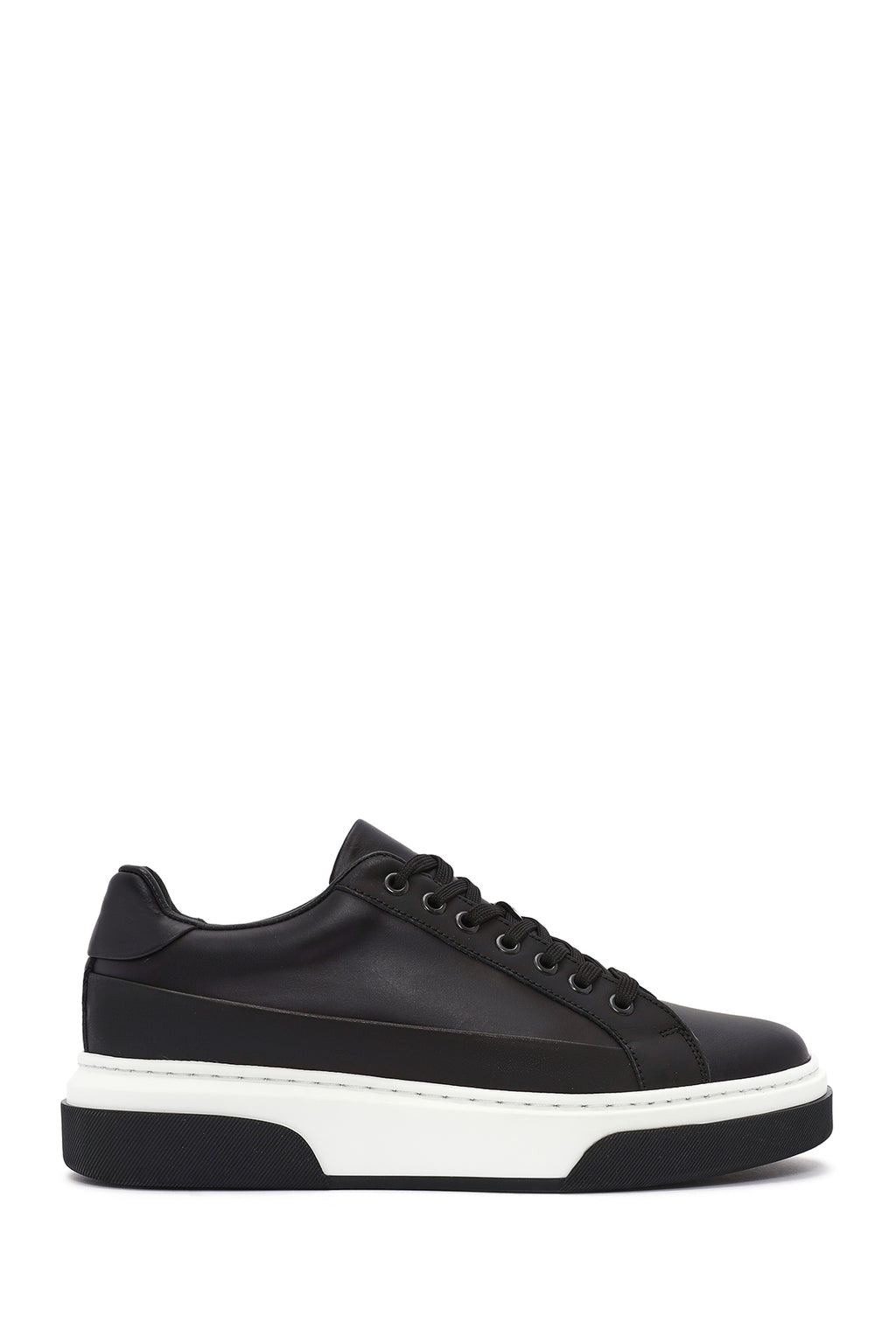 Erkek Siyah Bağcıklı Kalın Tabanlı Deri Sneaker