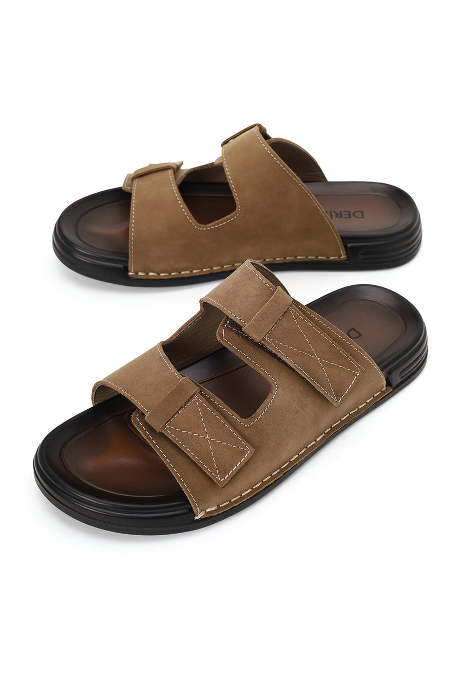 Male Beige Strapped Nubuck Leather Slipper