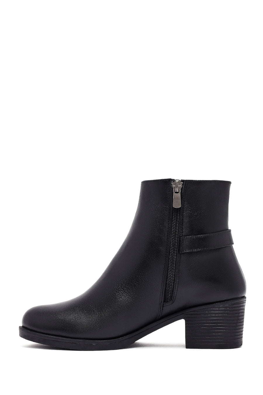 Woman Black Zip Closure Thick-Heeled Leather Boots