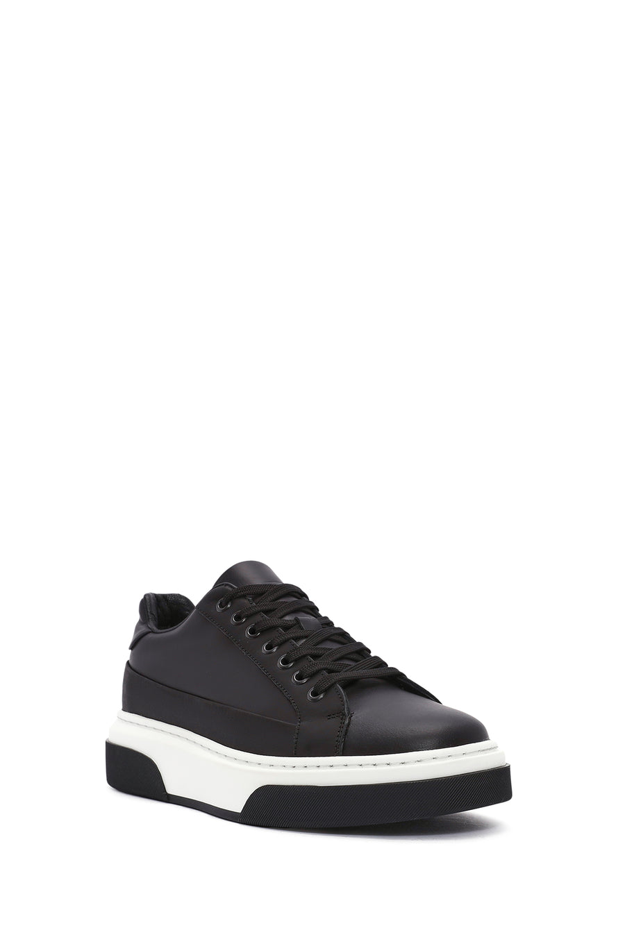 Erkek Siyah Bağcıklı Kalın Tabanlı Deri Sneaker