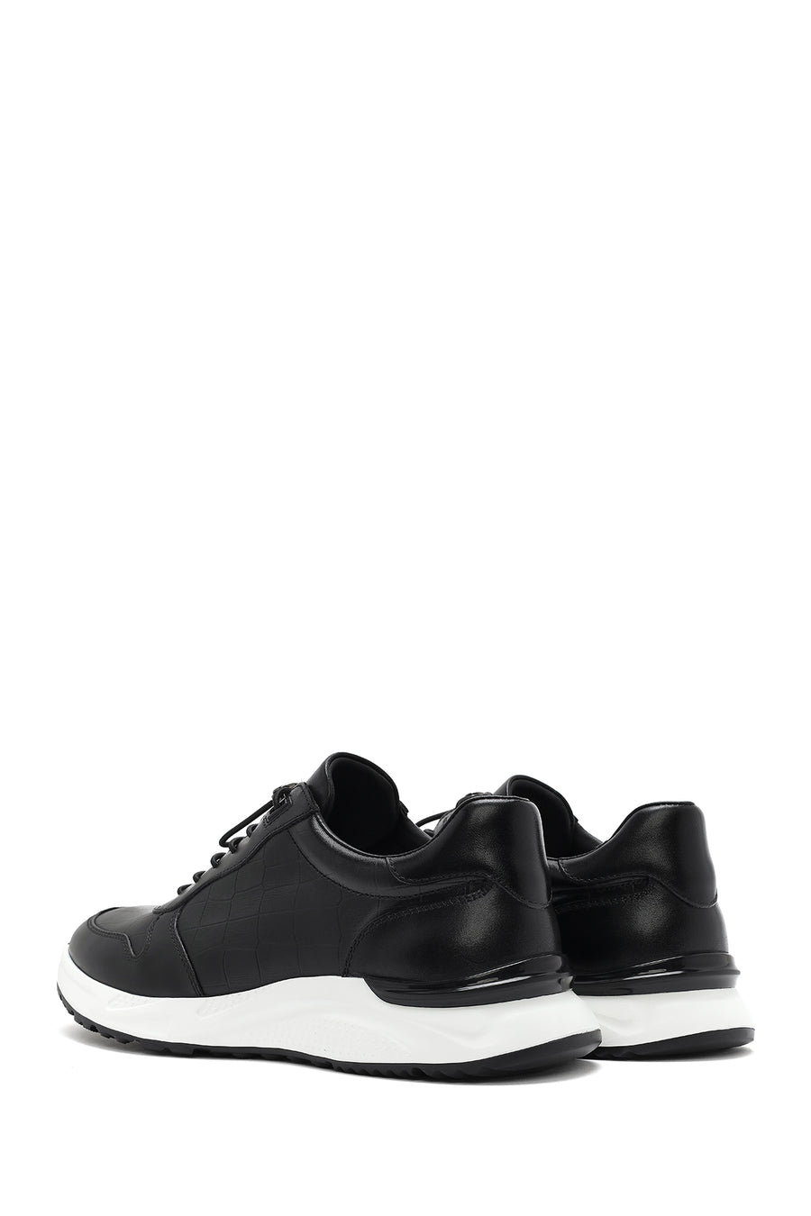 Men's Black Crocodile Patterned Lace-Up Leather Sneakers