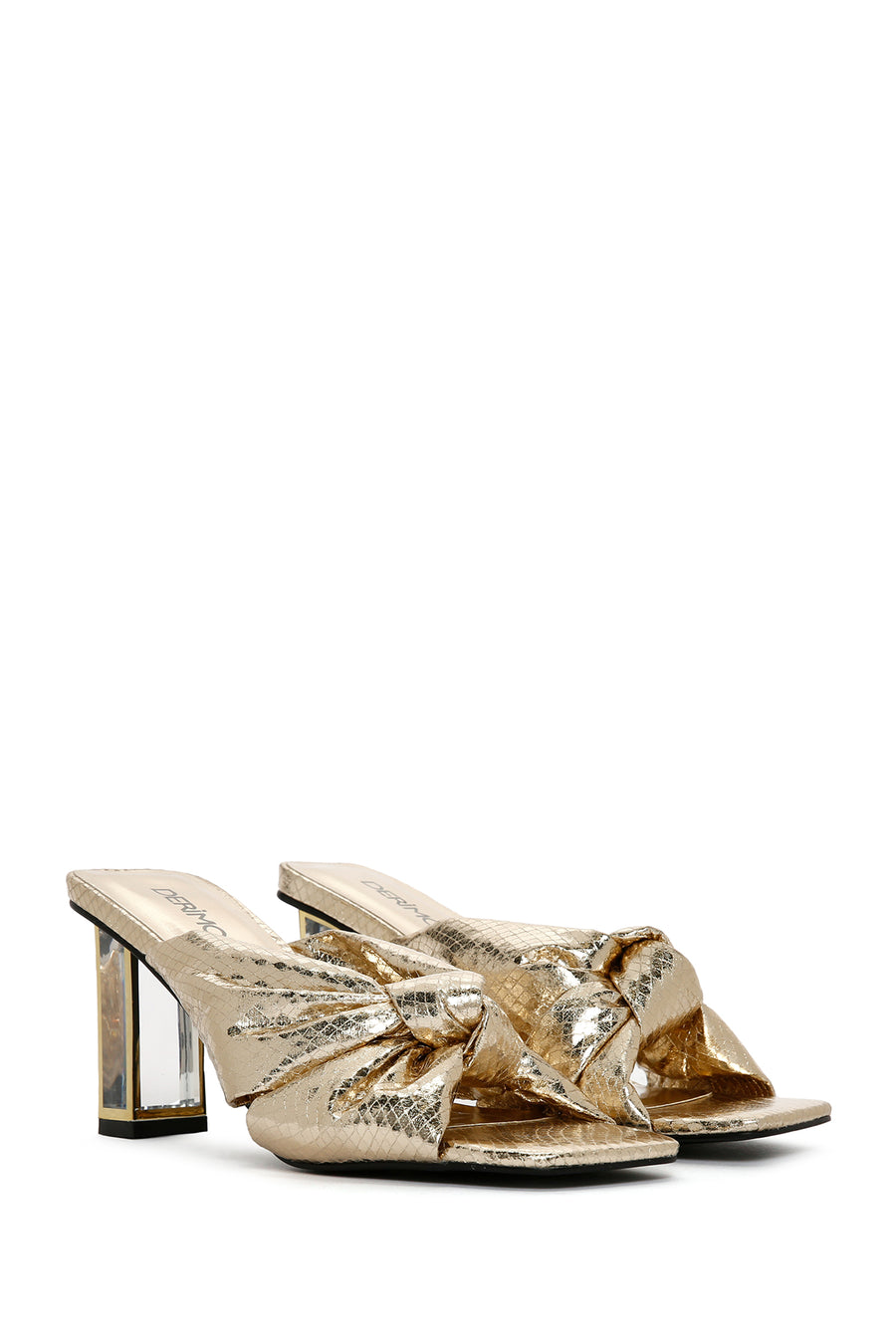 Women's Gold Transparent Thick Heeled Metallic Slippers