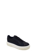 Male Navy Blue Lace-Up Thick-Soled Leather Sneaker | Derimod