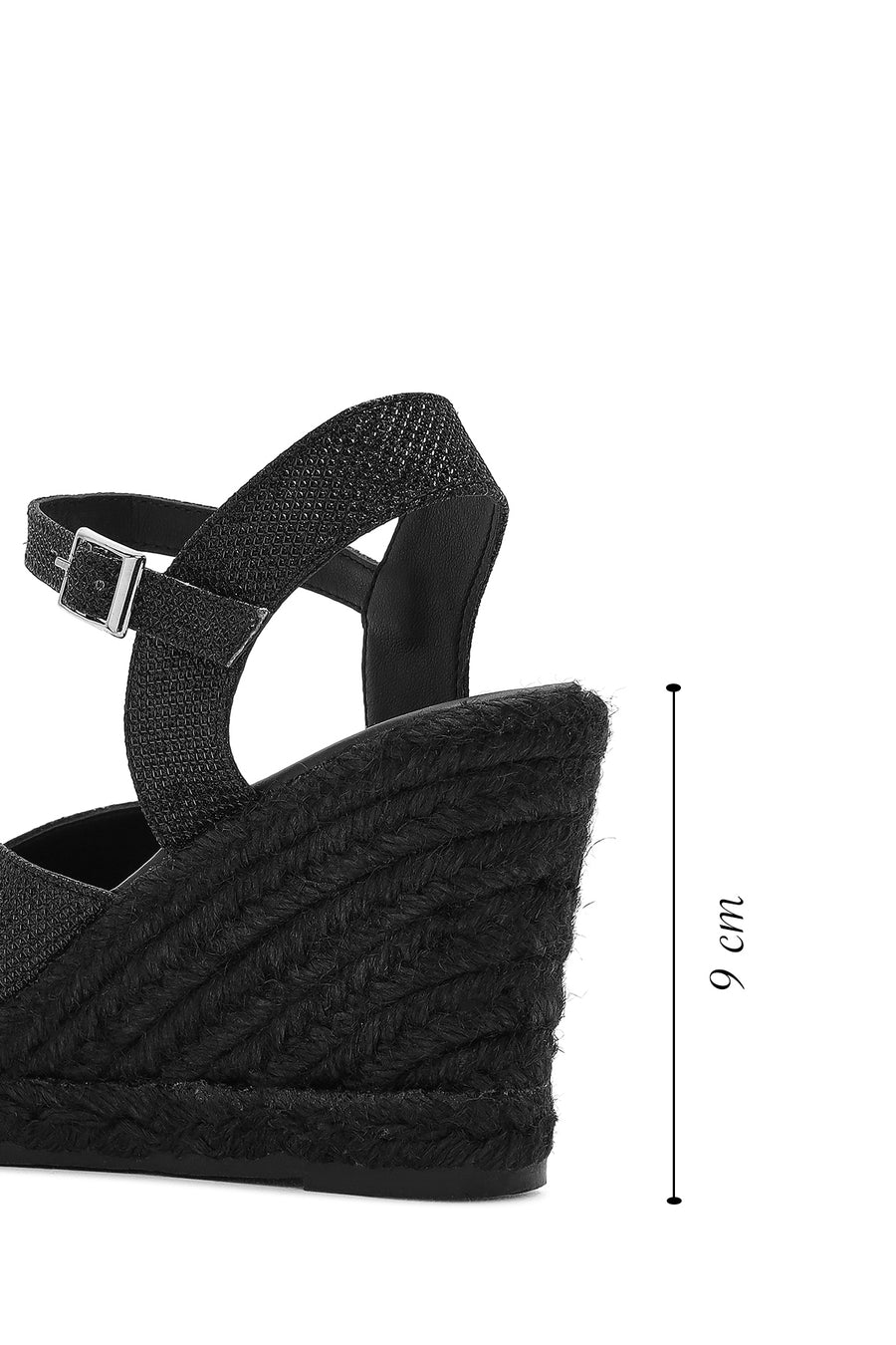 Women's Black Glitter Ankle Buckle Wedge Heel Espadrille Sandals