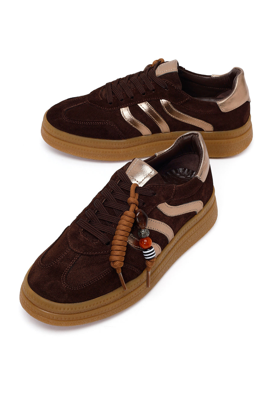Kadın Kahverengi Bağcıklı Charmlı Süet Deri Sneaker