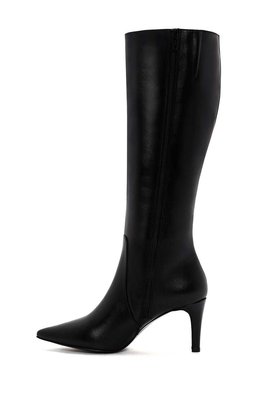 Women's Black Zippered Thin Heeled Leather Boots