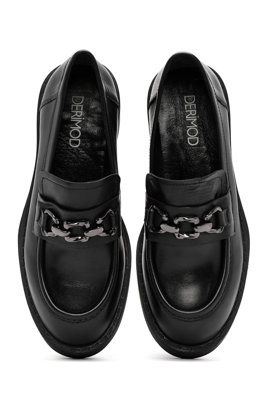 Women's Black Thick Heeled Leather Masculine Loafer