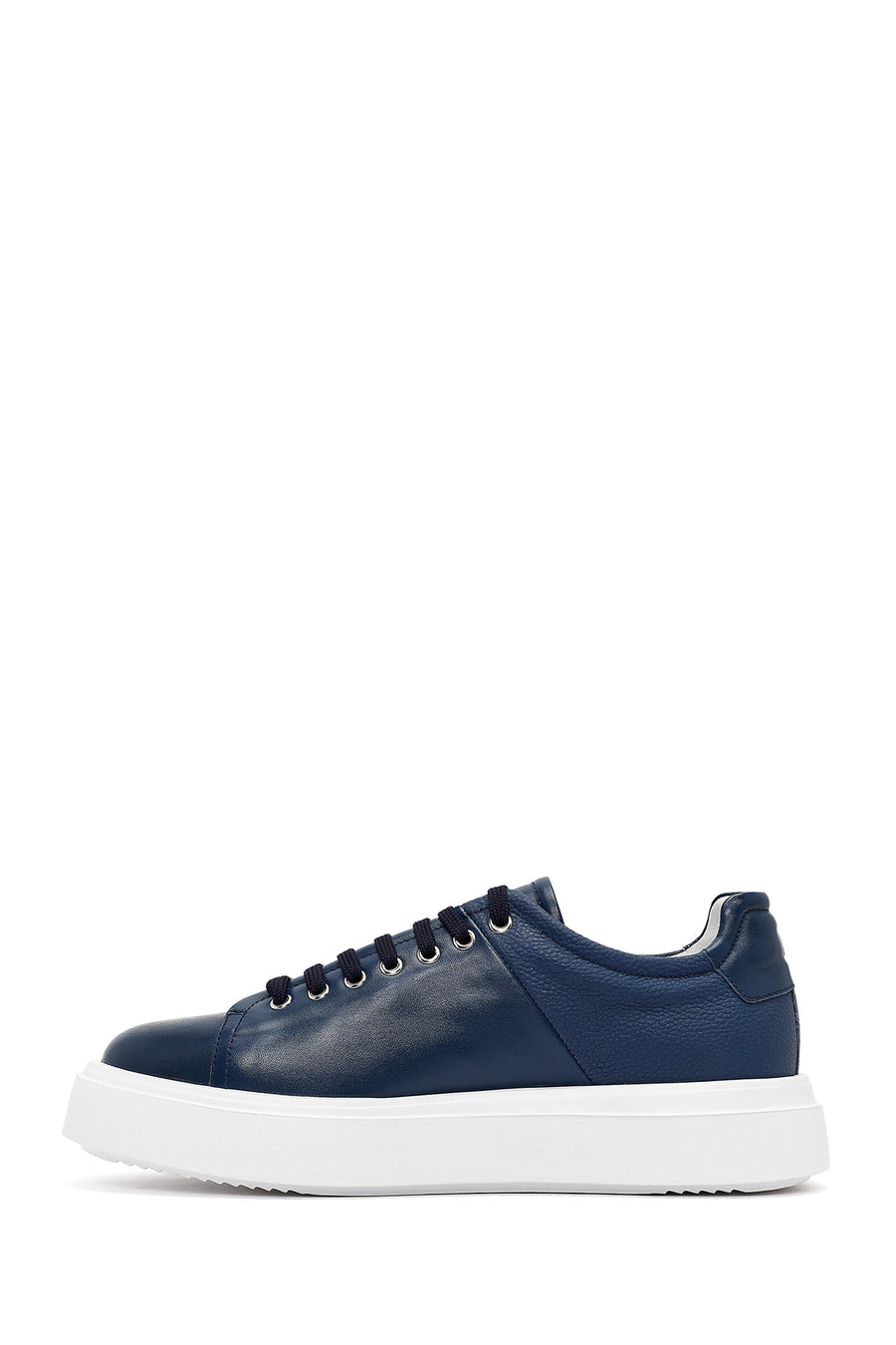 Men's Navy Blue Lace-up Thick-Sole Leather Sneaker