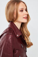 London Women's Burgundy Biker Leather Jacket | Derimod