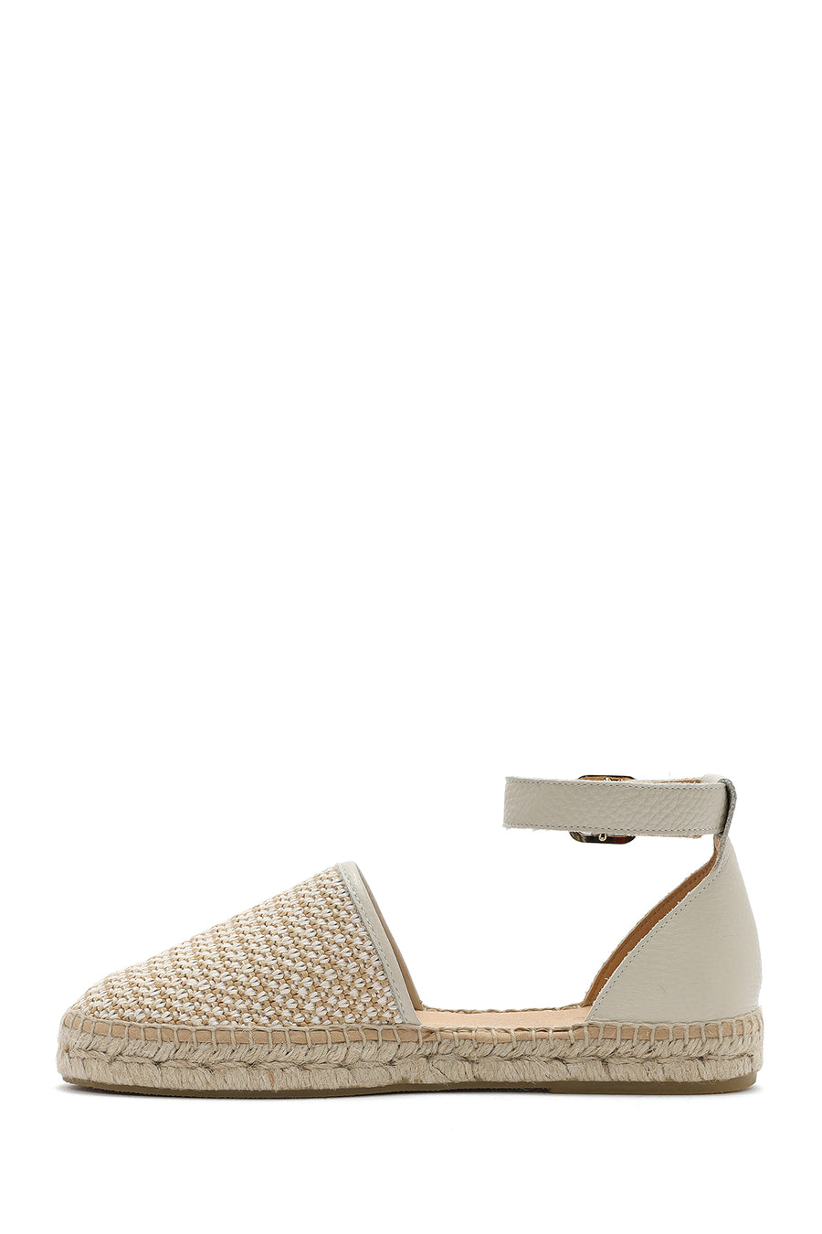 Women's Beige Buckle Ankle Straw Leather Espadrille Sandals