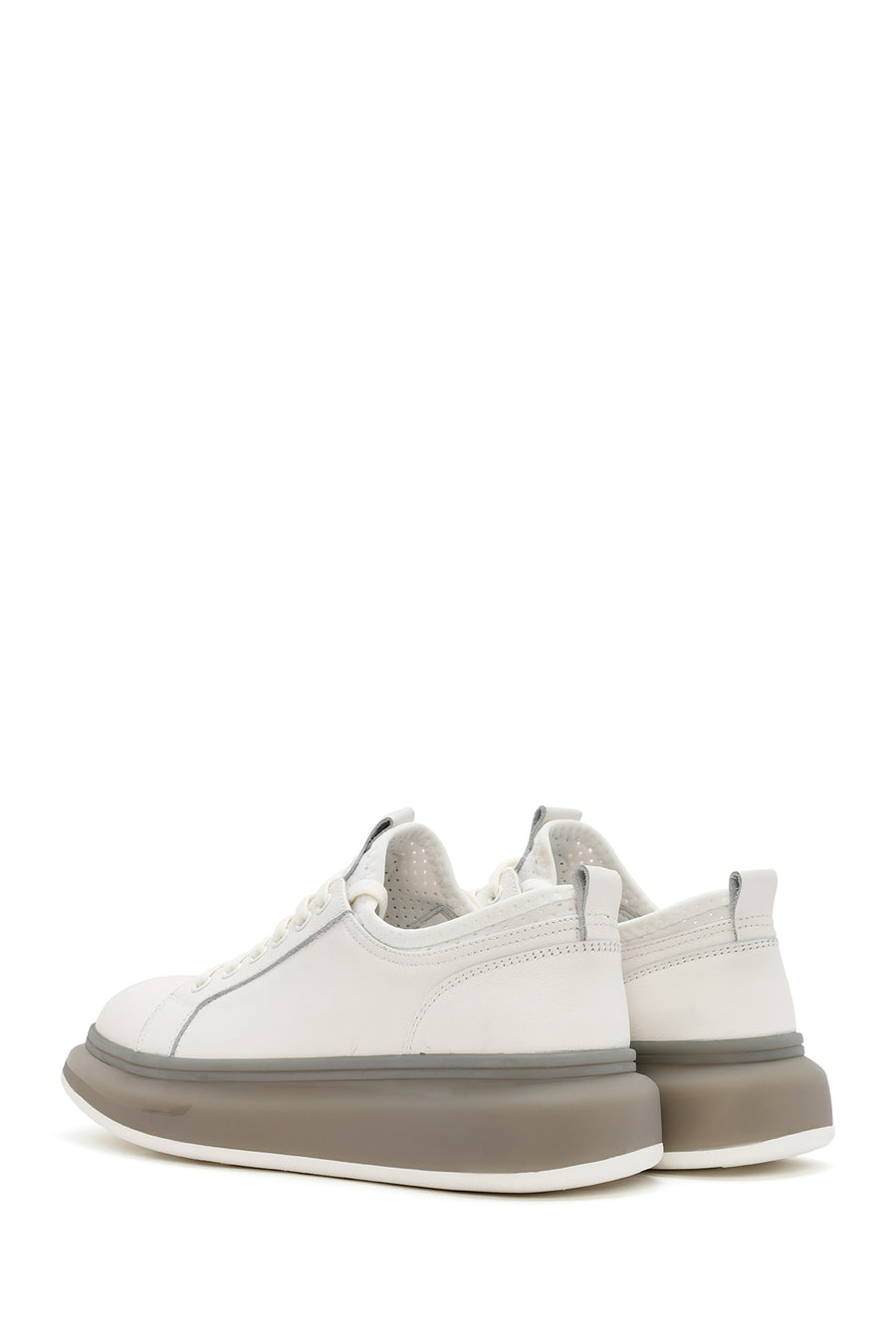 Erkek Beyaz Kalın Tabanlı Bağcıklı Deri Sneaker