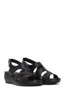 Woman Black Wedge Heel Leather Comfort Sandal | Derimod